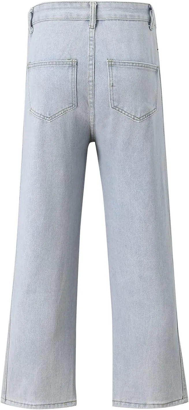 Mens Stacked Jeans Solid Frayed Edges Jeans Wide Leg Straight Denim Pant Y2k Hip Hop Baggy Trousers Cargo Denim Pants