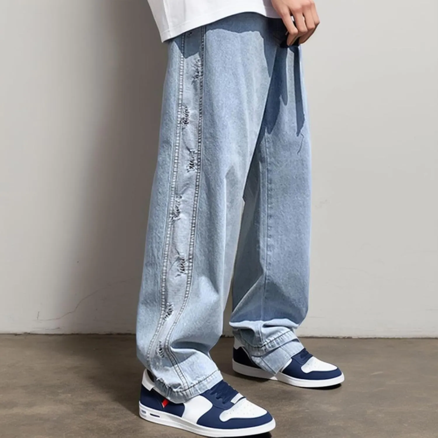 Mens Stacked Jeans Solid Frayed Edges Jeans Wide Leg Straight Denim Pant Y2k Hip Hop Baggy Trousers Cargo Denim Pants