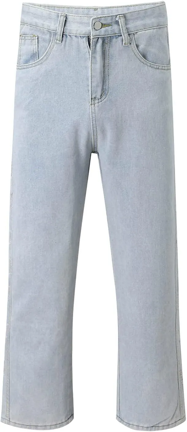 Mens Stacked Jeans Solid Frayed Edges Jeans Wide Leg Straight Denim Pant Y2k Hip Hop Baggy Trousers Cargo Denim Pants