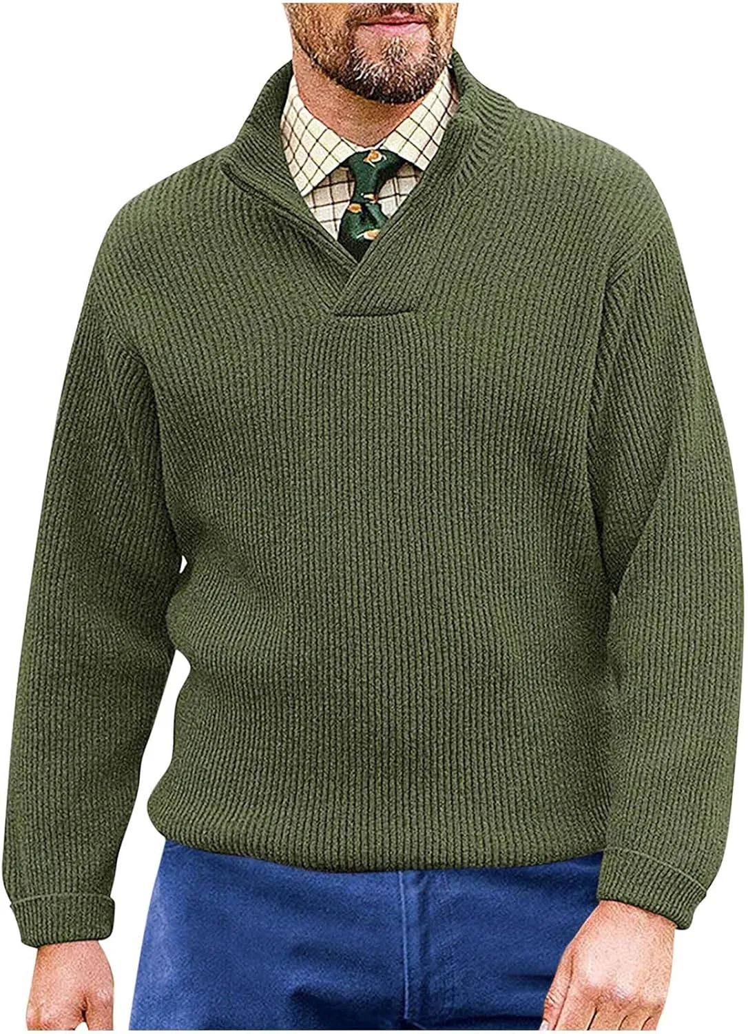 Mens Stand Collar Pullover Sweaters V Neck Sweater Tops Rib Knitted Fall Winter Sweater Relaxed Fit Cable Pullovers
