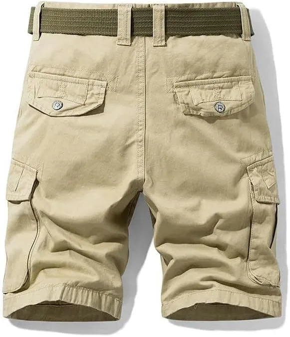 Men's Summer Baggy Multi Pocket Military Cargo Shorts Cotton Khaki No Belt