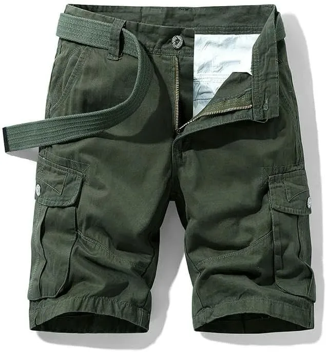 Men's Summer Baggy Multi Pocket Military Cargo Shorts Cotton Khaki No Belt