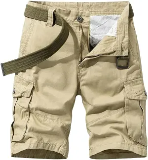 Men's Summer Baggy Multi Pocket Military Cargo Shorts Cotton Khaki No Belt