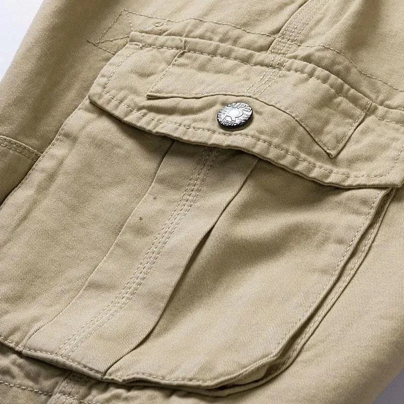 Men's Summer Baggy Multi Pocket Military Cargo Shorts Cotton Khaki No Belt
