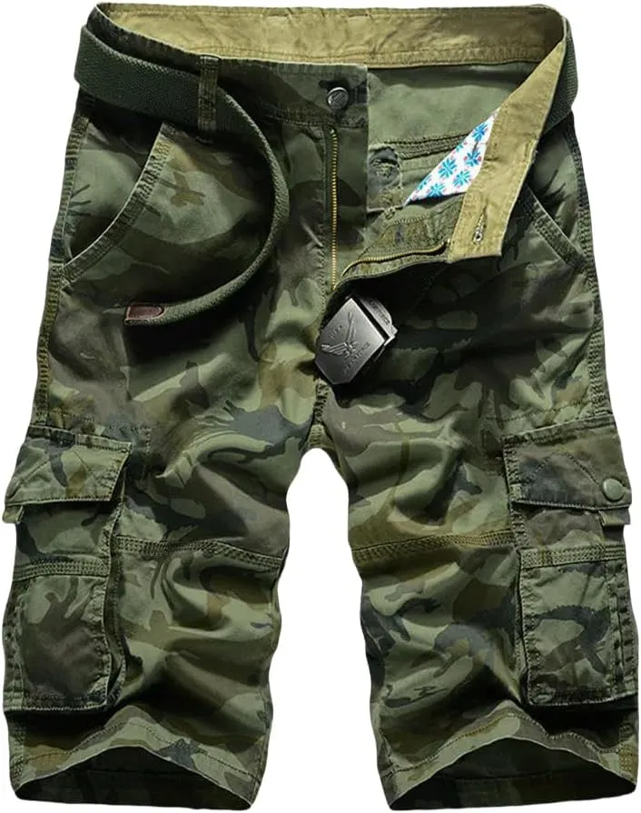 Men's Summer Plaid Beach Casual Military Bermuda Cargo Overalls No Belt