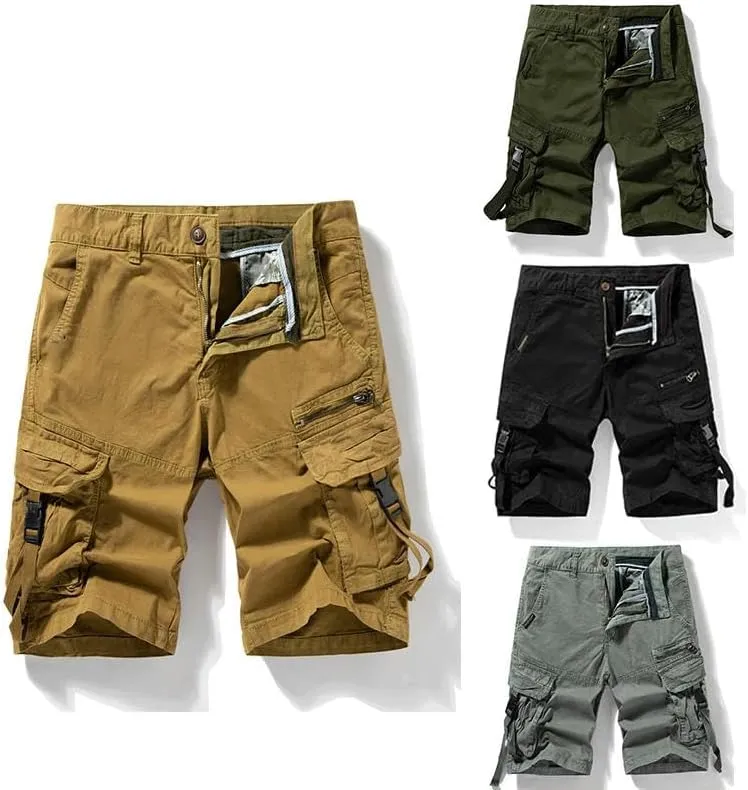 Men's Summer Solid Color Cotton Straight Bermuda Shorts Leisure Button Multi Pocket