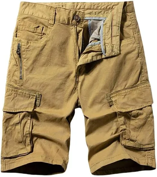 Men's Summer Solid Color Cotton Straight Bermuda Shorts Leisure Button Multi Pocket