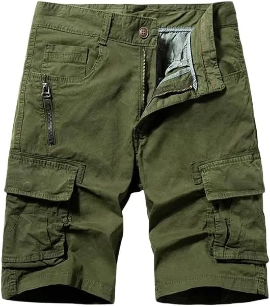 Men's Summer Solid Color Cotton Straight Bermuda Shorts Leisure Button Multi Pocket