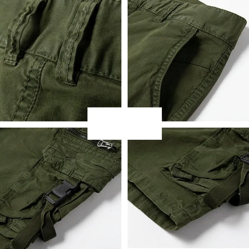 Men's Summer Solid Color Cotton Straight Bermuda Shorts Leisure Button Multi Pocket