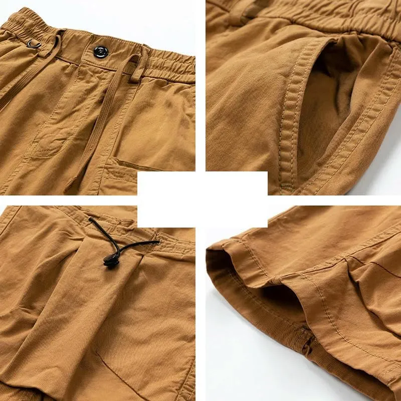 Men's Summer Solid Straight Outdoor Leisure Soft Cargo Shorts Many Pocket Loose Elastic Style