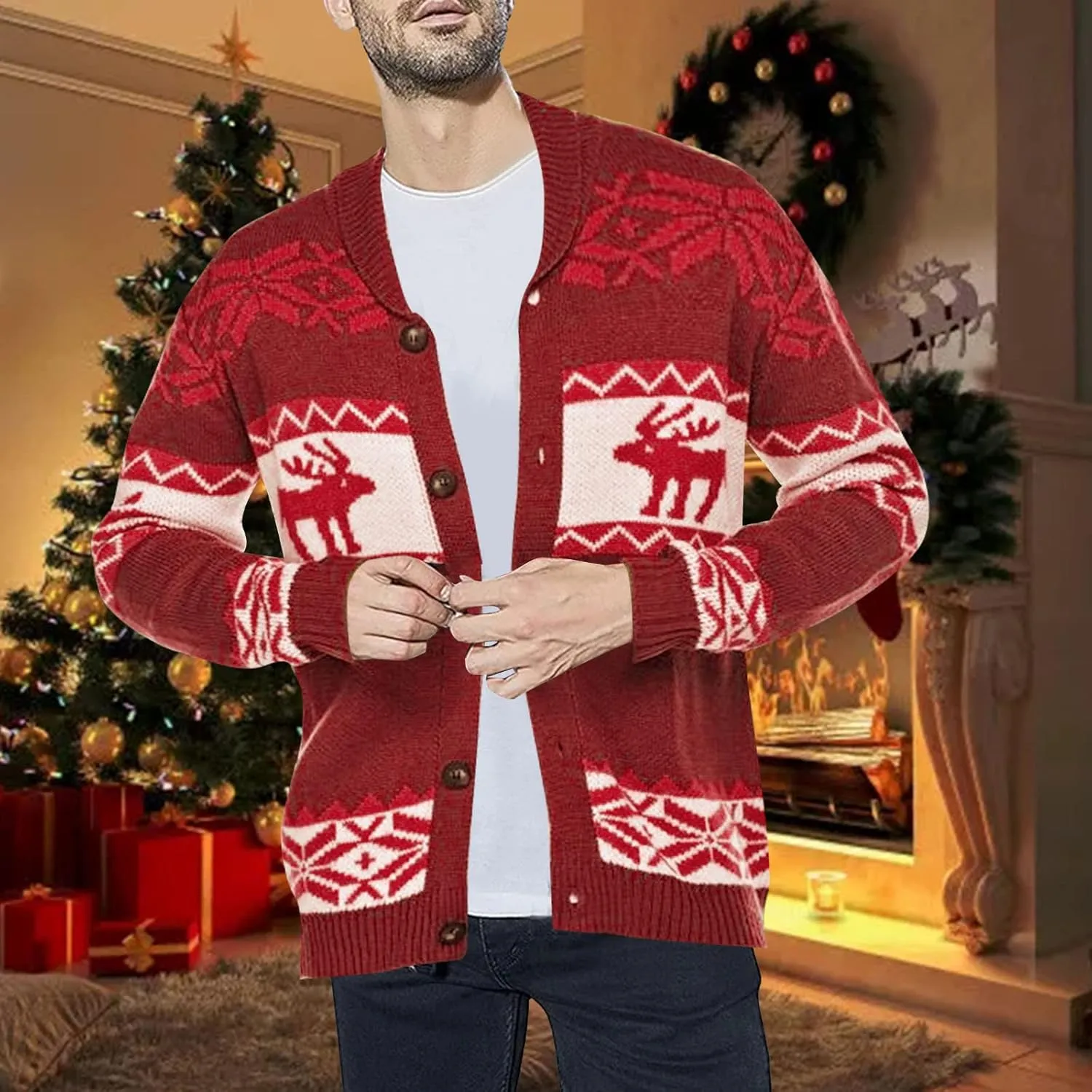 Mens Sweater Men's Reindeer Print Shawl Neck Button Down Cardigan Long Sleeve Christmax Sweater
