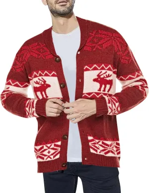 Mens Sweater Men's Reindeer Print Shawl Neck Button Down Cardigan Long Sleeve Christmax Sweater