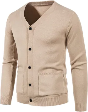 Mens Sweater Mens V Neck Button Down Long Sleeve Knitted Cardigan Sweaters with 2 Front Pockets