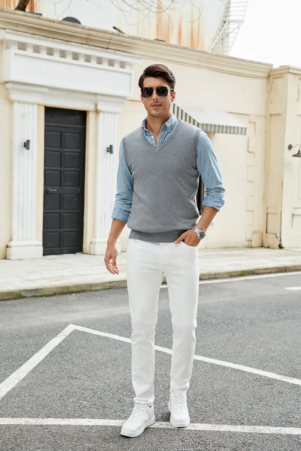 Men's V-Neck Sweater Vest Wool Blend Knitted Sleeveless Pullover Sweater Vests