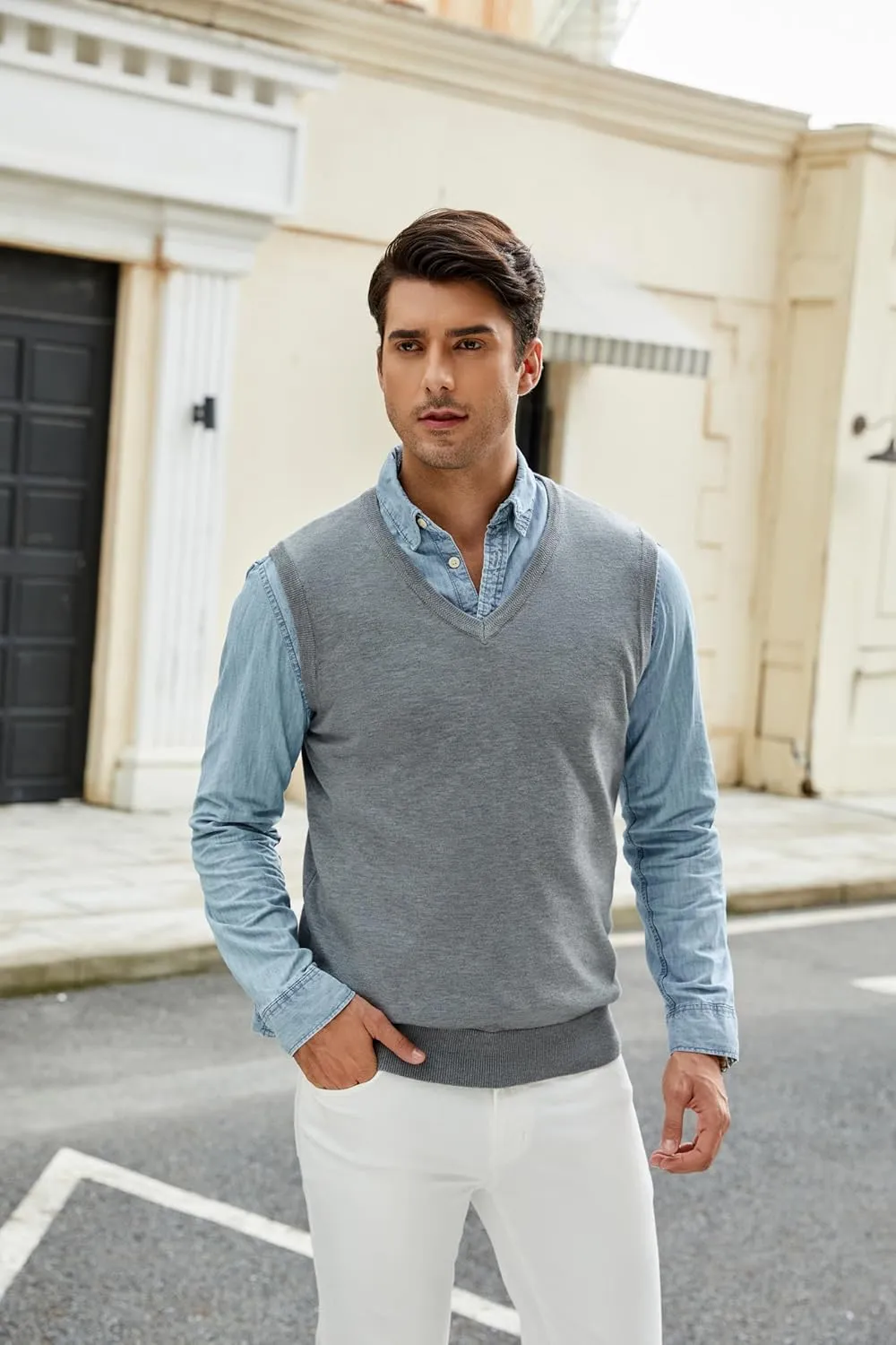 Men's V-Neck Sweater Vest Wool Blend Knitted Sleeveless Pullover Sweater Vests