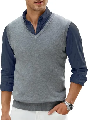 Men's V-Neck Sweater Vest Wool Blend Knitted Sleeveless Pullover Sweater Vests