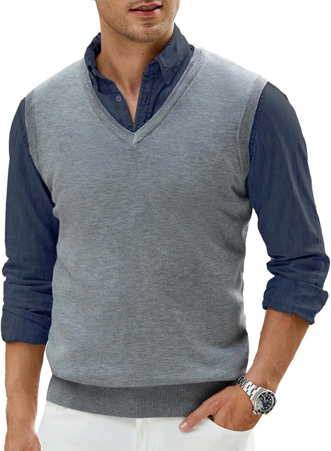 Men's V-Neck Sweater Vest Wool Blend Knitted Sleeveless Pullover Sweater Vests