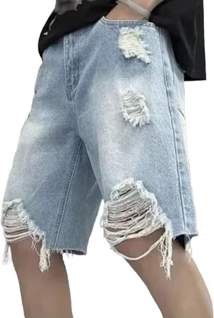 Men's Washed Stretch Short Pants with Pockets Classic Streetwear Cotton Denim Shorts Ripped Distressed Jean Shorts