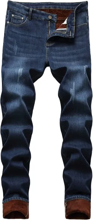 Men's Winter Fleece Lined Jeans Thicken Warm Stretch Denim Pants Regular Fit Classic Straight Leg Jean Trousers