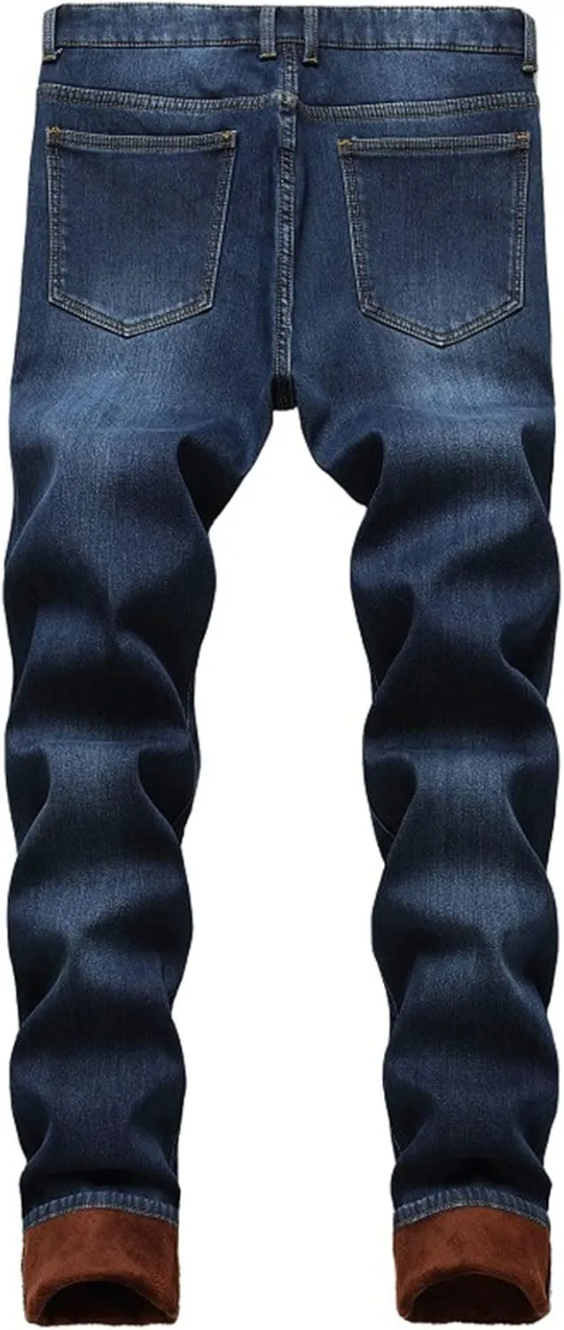 Men's Winter Fleece Lined Jeans Thicken Warm Stretch Denim Pants Regular Fit Classic Straight Leg Jean Trousers