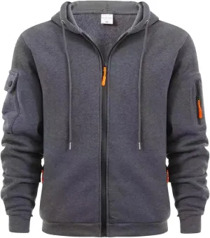 Men's Zip Hoodie Long Sleeved Loose Jogging Sport Sweatshirt Fall Casual Gym Athletic Cargo Warm Winter Pullover