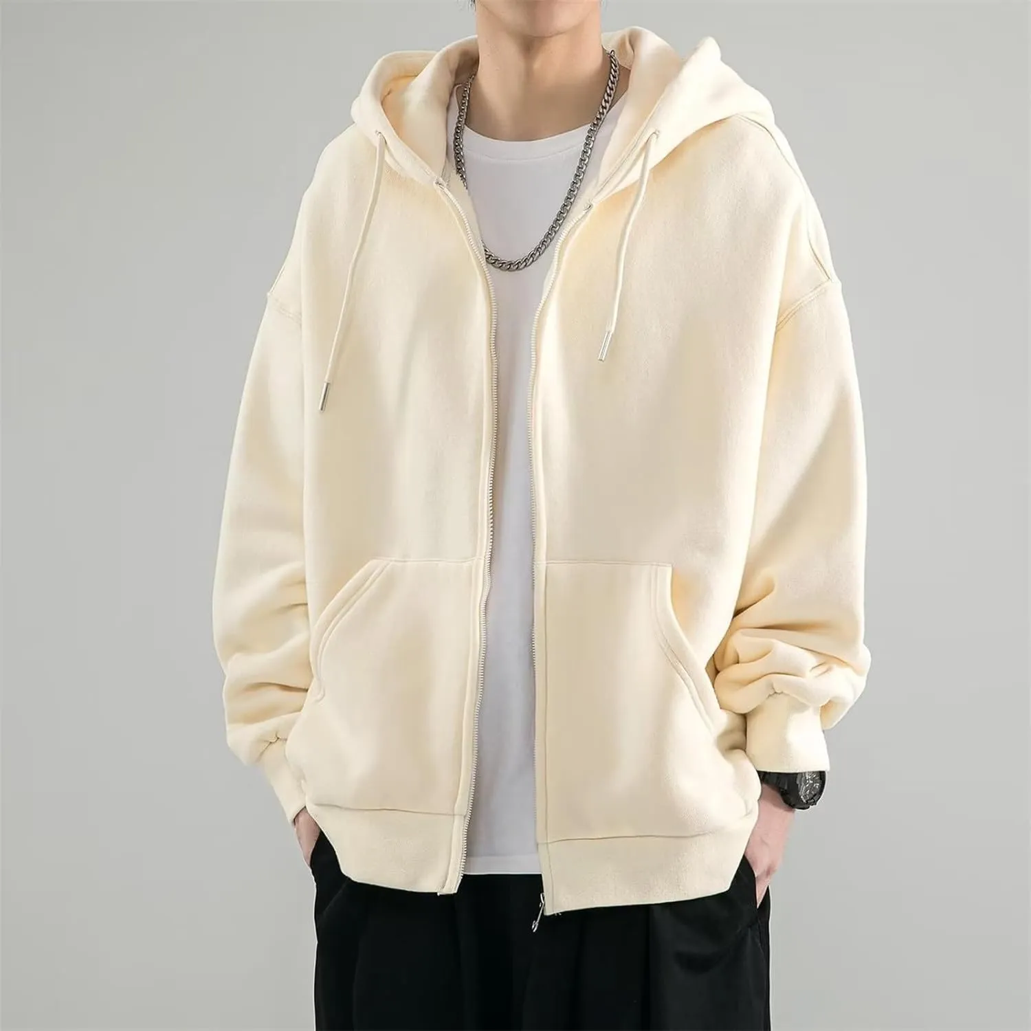 Men's Zip Up Hoodie Loose Fit Long Sleeve Sweatshirts Full Zip Drawstring Casual Lightweight Jacket With Pockets