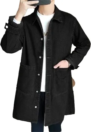 Mid-Length Denim Windbreaker Jacket Men Spring Autumn Casual Trench Coat Fashion Solid Wild Loose Outerwear