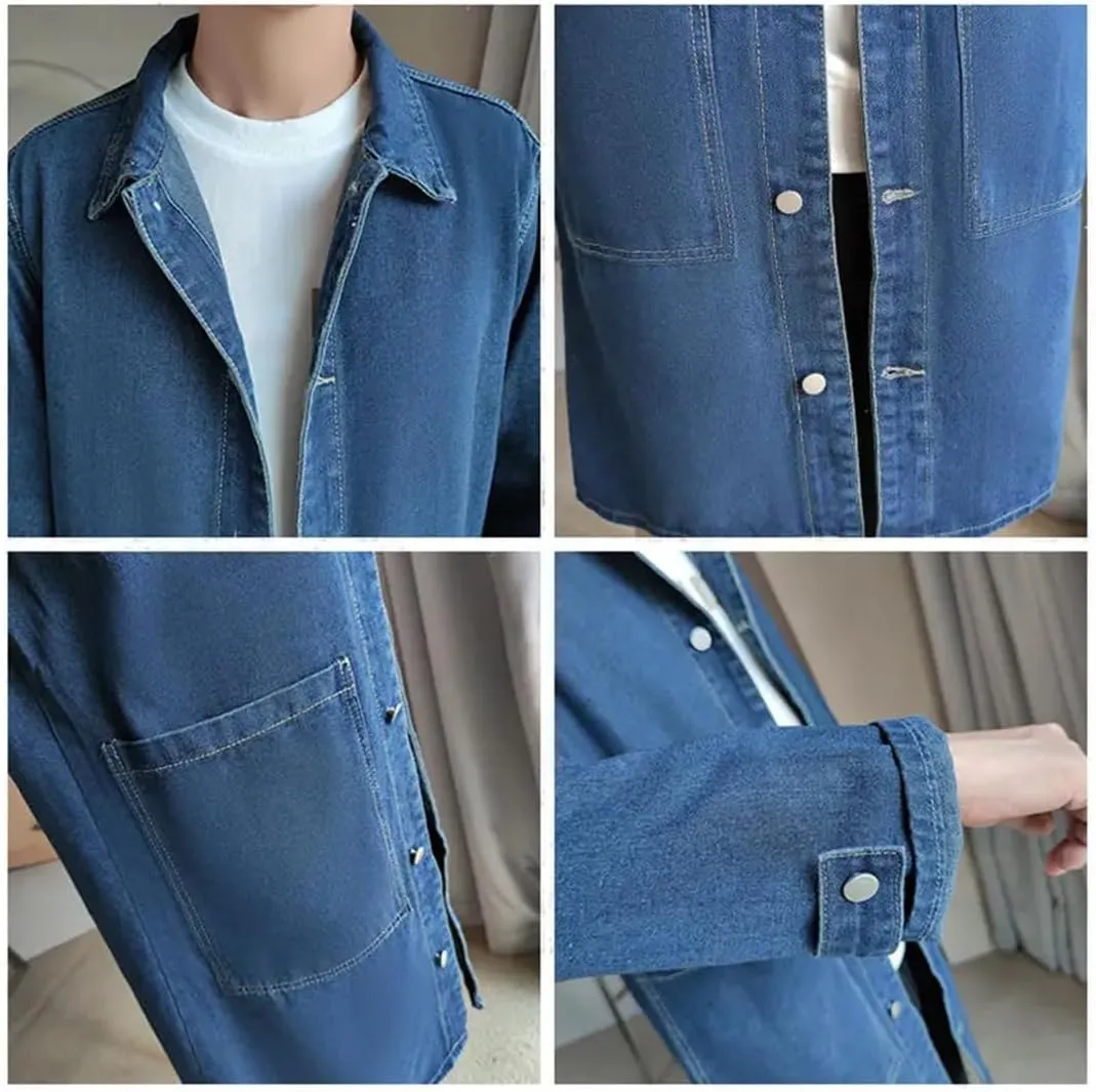 Mid-Length Denim Windbreaker Jacket Men Spring Autumn Casual Trench Coat Fashion Solid Wild Loose Outerwear