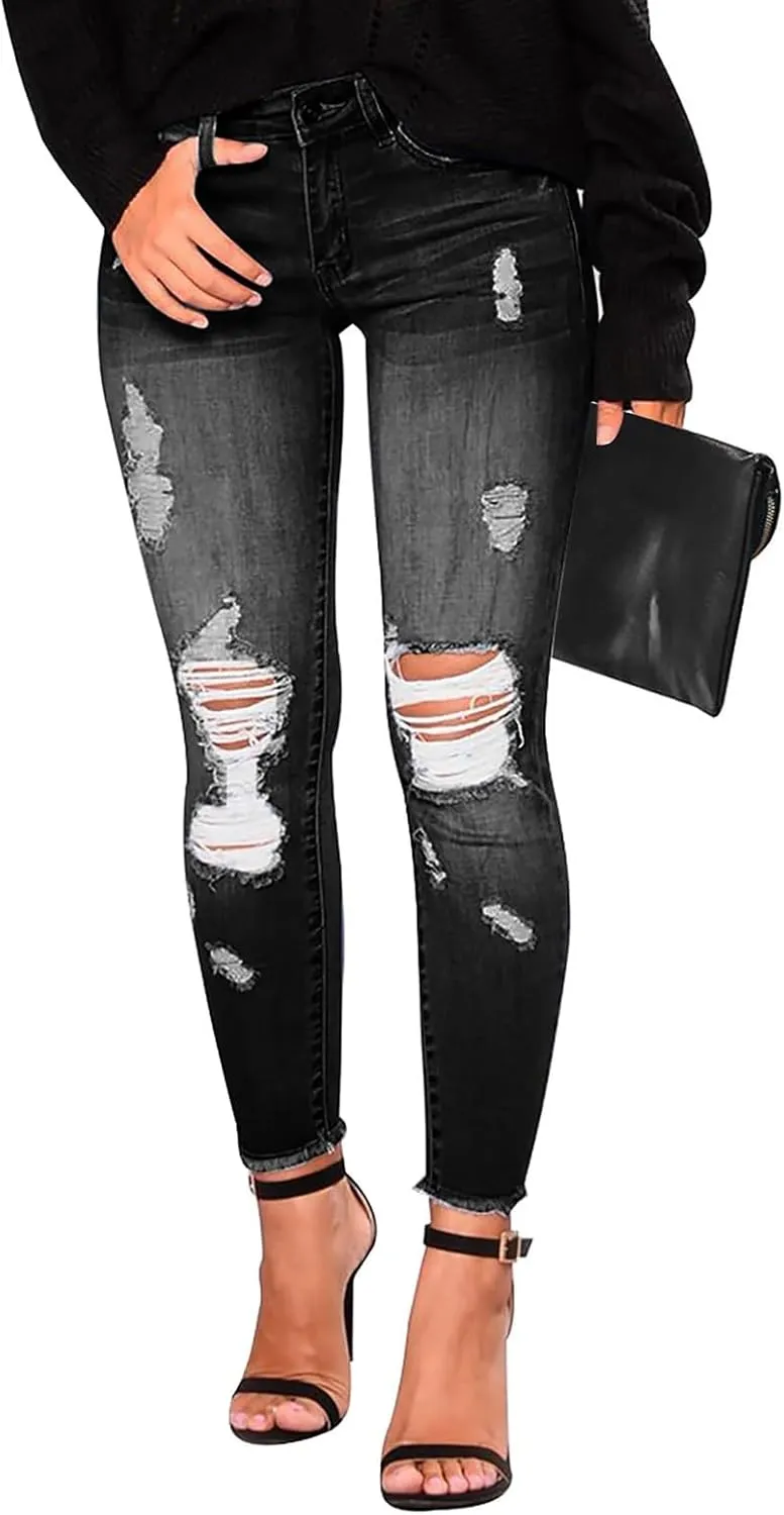 midelxp Ripped Jeans Womens Stretchy Skinny Low Rise Jeans Distressed Boyfriend Denim Pants Ripped Leggings with Pockets