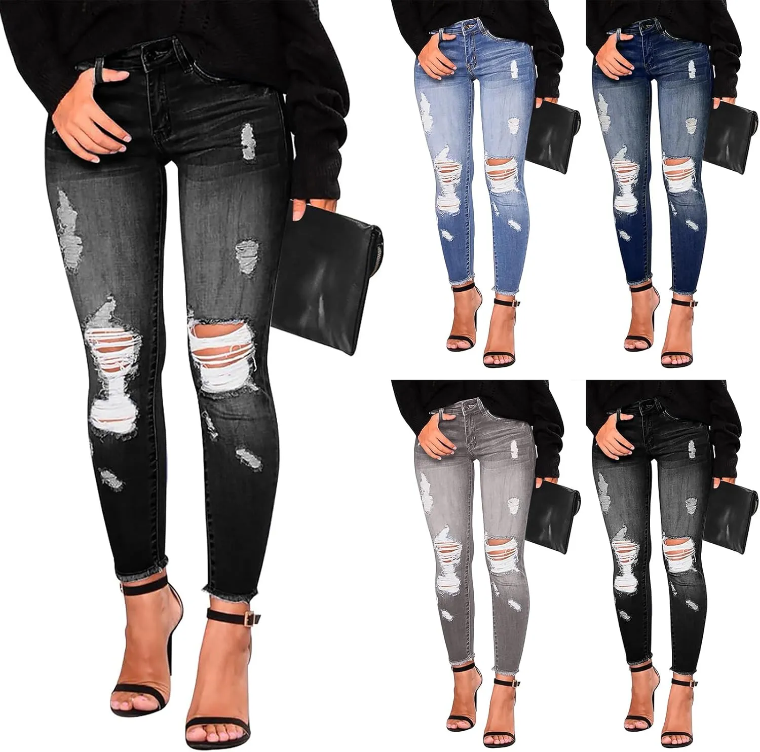 midelxp Ripped Jeans Womens Stretchy Skinny Low Rise Jeans Distressed Boyfriend Denim Pants Ripped Leggings with Pockets