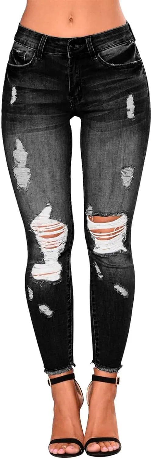 midelxp Ripped Jeans Womens Stretchy Skinny Low Rise Jeans Distressed Boyfriend Denim Pants Ripped Leggings with Pockets