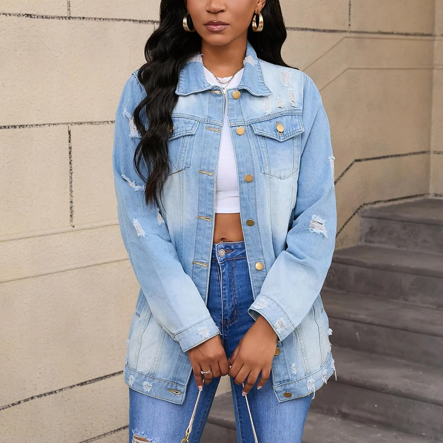 Mzkdieey Denim Jacket for Women Oversized Ripped Distressed Jean Jacket Casual Long Sleeve Button Down Boyfriend Jean Coat