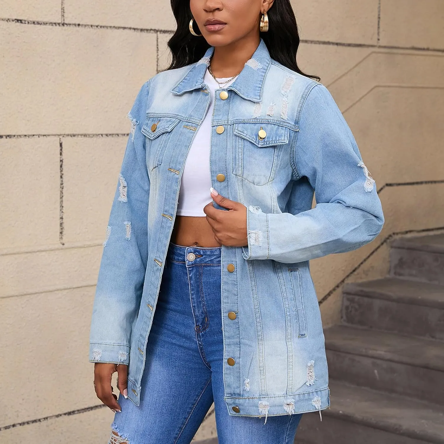 Mzkdieey Denim Jacket for Women Oversized Ripped Distressed Jean Jacket Casual Long Sleeve Button Down Boyfriend Jean Coat