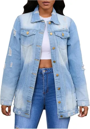 Mzkdieey Denim Jacket for Women Oversized Ripped Distressed Jean Jacket Casual Long Sleeve Button Down Boyfriend Jean Coat