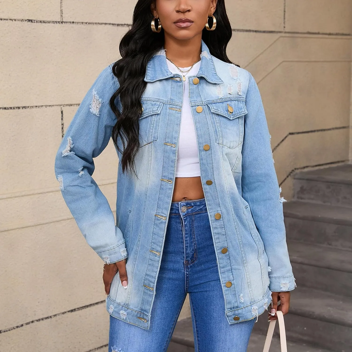 Mzkdieey Denim Jacket for Women Oversized Ripped Distressed Jean Jacket Casual Long Sleeve Button Down Boyfriend Jean Coat