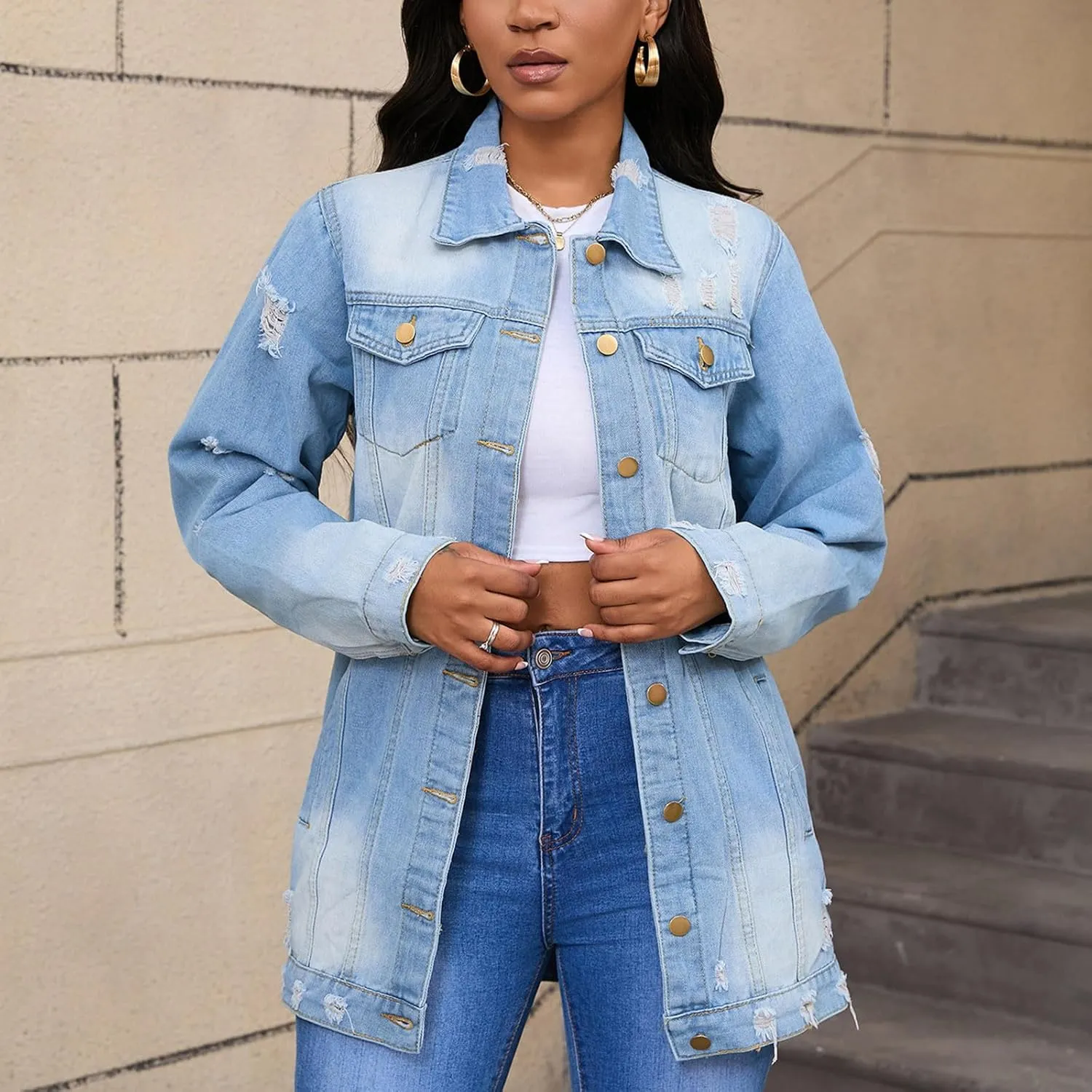 Mzkdieey Denim Jacket for Women Oversized Ripped Distressed Jean Jacket Casual Long Sleeve Button Down Boyfriend Jean Coat