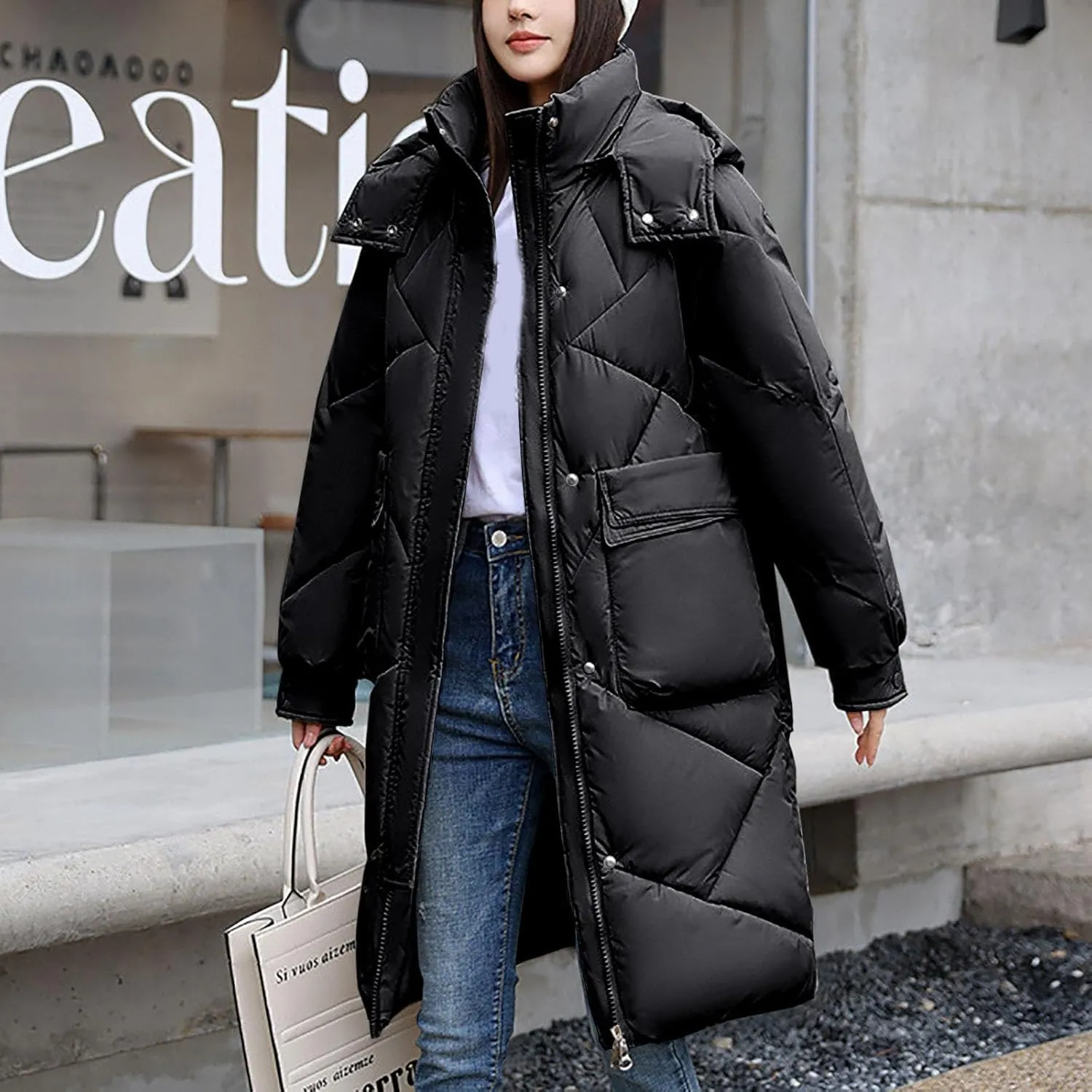 NATHGAM Long Quilted Parka Coat for Women Baggy Thickened Warm Maxi Hooded Puffer Jacket Winter Plus Size Padded Down Coats
