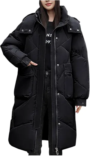 NATHGAM Long Quilted Parka Coat for Women Baggy Thickened Warm Maxi Hooded Puffer Jacket Winter Plus Size Padded Down Coats