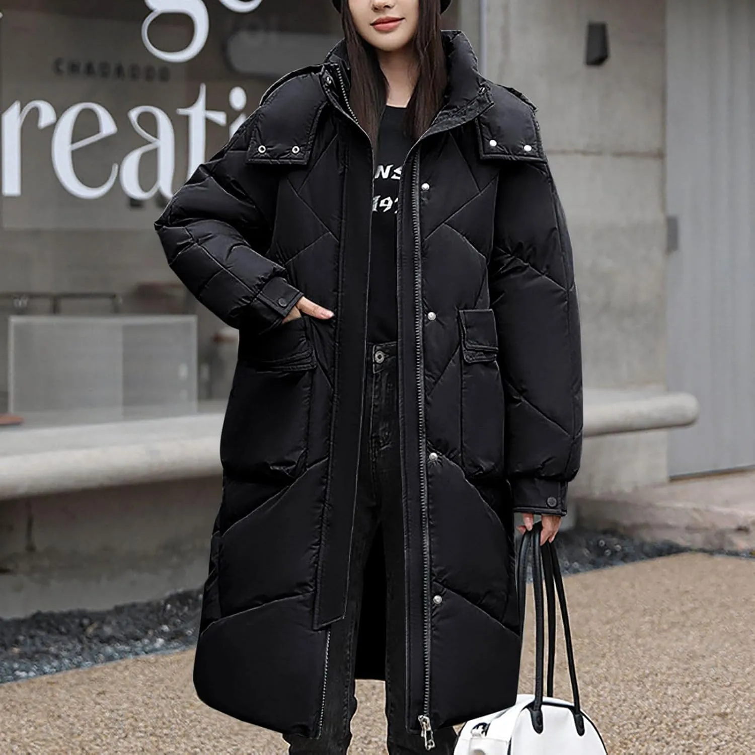 NATHGAM Long Quilted Parka Coat for Women Baggy Thickened Warm Maxi Hooded Puffer Jacket Winter Plus Size Padded Down Coats