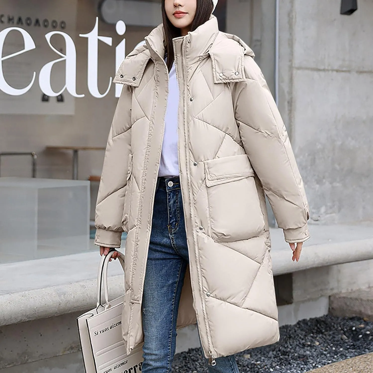NATHGAM Long Quilted Parka Coat for Women Baggy Thickened Warm Maxi Hooded Puffer Jacket Winter Plus Size Padded Down Coats