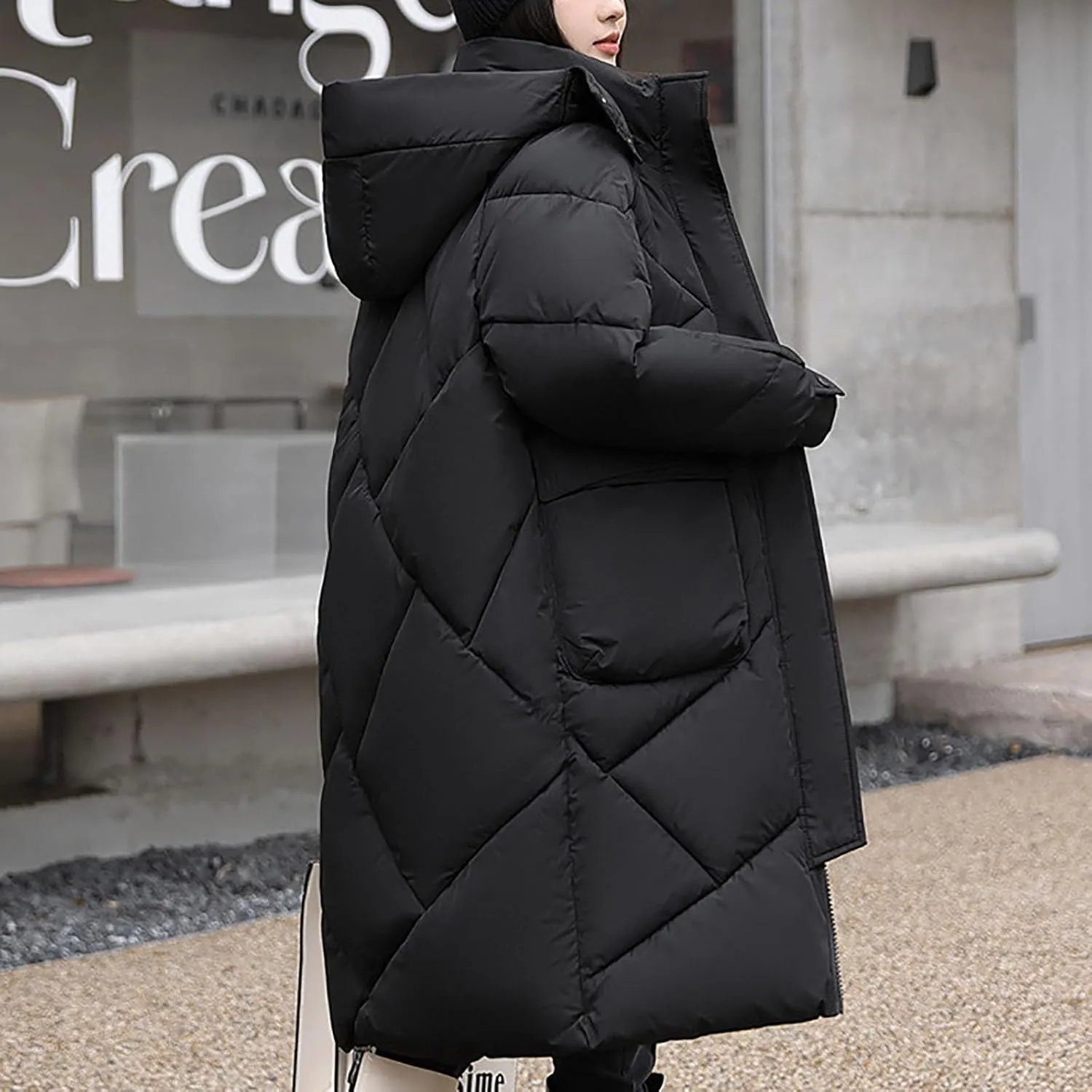 NATHGAM Long Quilted Parka Coat for Women Baggy Thickened Warm Maxi Hooded Puffer Jacket Winter Plus Size Padded Down Coats