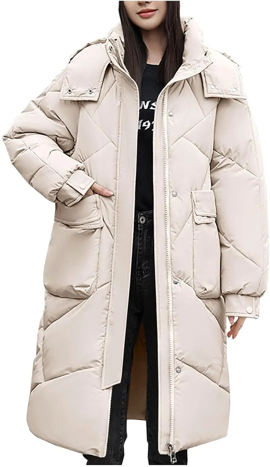 NATHGAM Long Quilted Parka Coat for Women Baggy Thickened Warm Maxi Hooded Puffer Jacket Winter Plus Size Padded Down Coats