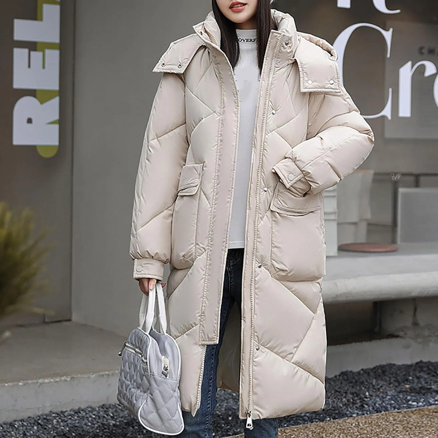NATHGAM Long Quilted Parka Coat for Women Baggy Thickened Warm Maxi Hooded Puffer Jacket Winter Plus Size Padded Down Coats