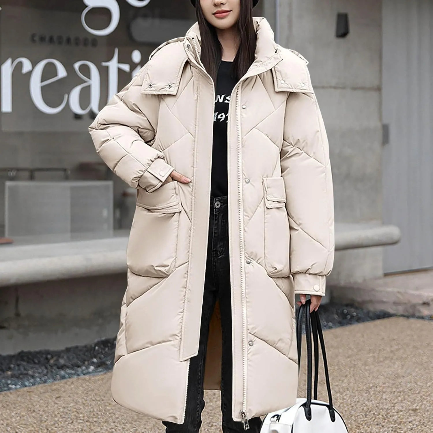 NATHGAM Long Quilted Parka Coat for Women Baggy Thickened Warm Maxi Hooded Puffer Jacket Winter Plus Size Padded Down Coats