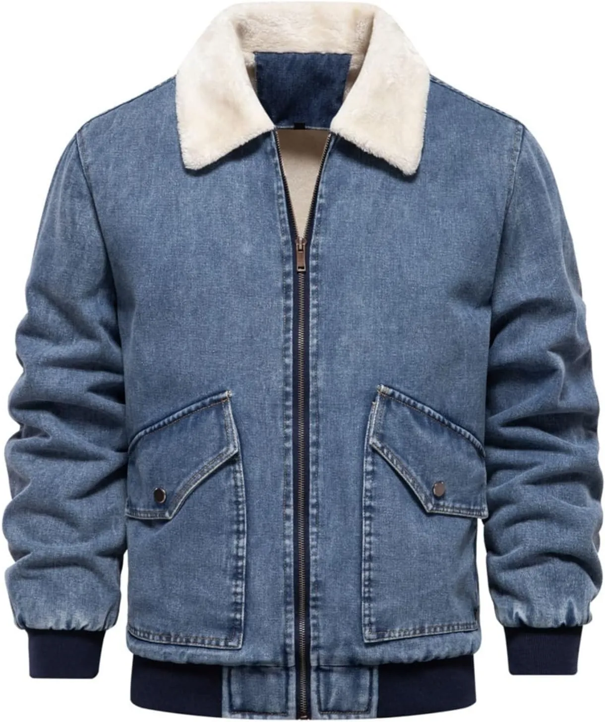NATHGAM Mens Winter Denim Jacket Fuzzy Fleece Lined Zip Vintage Jean Trucker Coats Slim Sherpa Lapel Thicken Bomber Outerwear