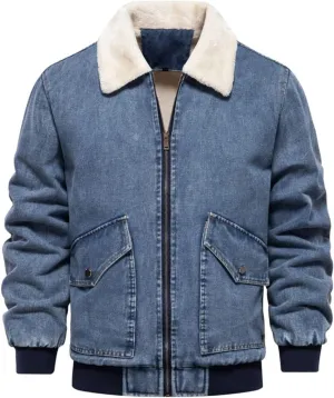 NATHGAM Mens Winter Denim Jacket Fuzzy Fleece Lined Zip Vintage Jean Trucker Coats Slim Sherpa Lapel Thicken Bomber Outerwear