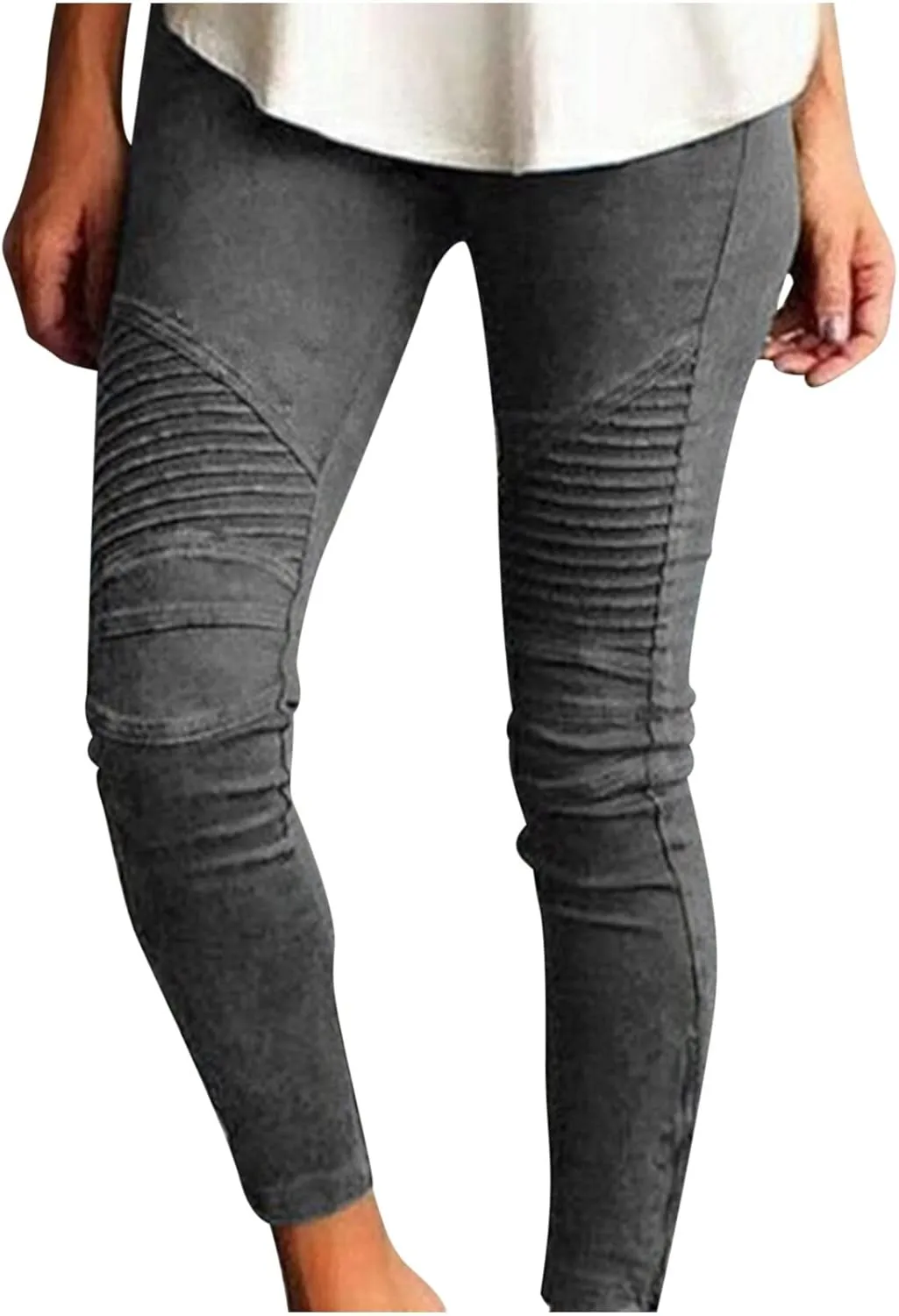 NATHGAM Women's Stretch Pants High Waisted Leggings Striped Decoration Slim Dressy Trousers Trendy Skinny Straight Leg Pants
