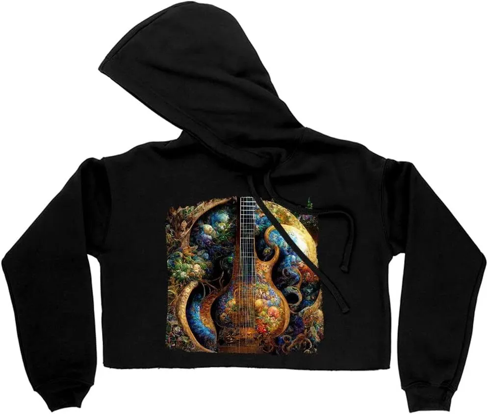 Nature Guitar Women's Cropped Fleece Hoodie - Guitar Tree Cropped Hoodie for Women