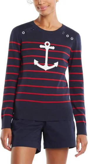 Nautica Women's Voyage Long Sleeve 100% Cotton Striped Crewneck Sweater