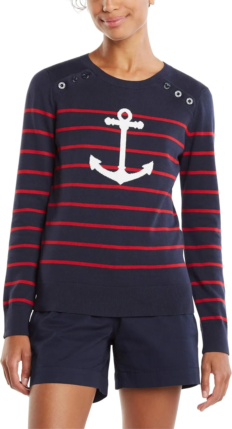 Nautica Women's Voyage Long Sleeve 100% Cotton Striped Crewneck Sweater